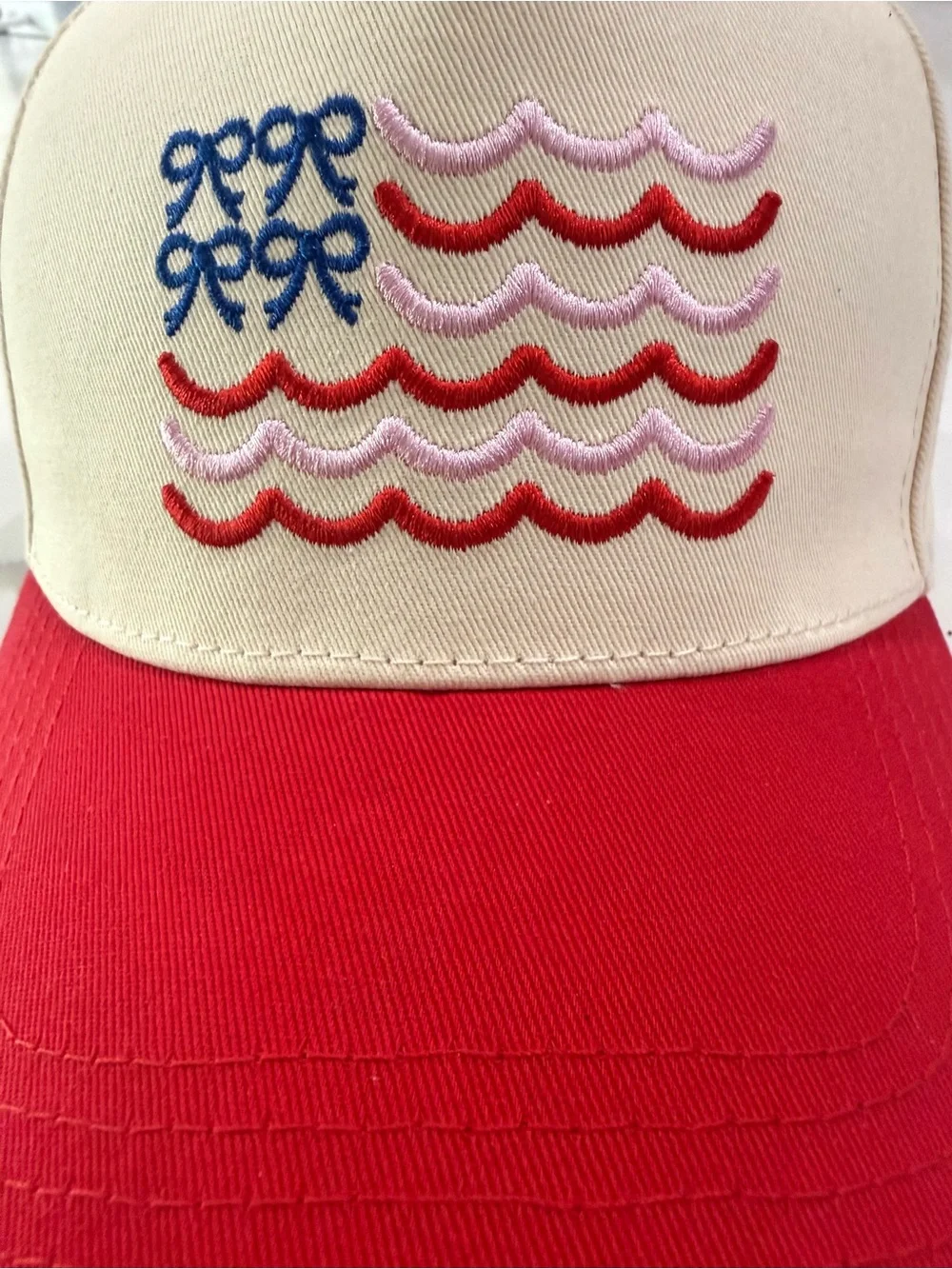 Cream, Blue, Pink and Red Embroidered Wave Flag 🧢